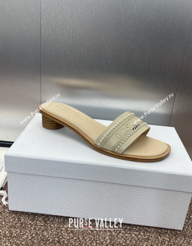 Dior Dway Heeled Slides Sandal 3cm in Calfskin and Embroidered Cotton with Pearls Grey 2025 (JC-250220075)