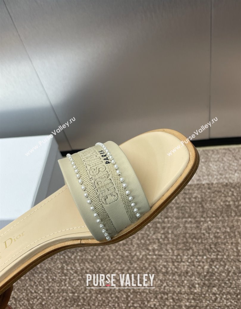 Dior Dway Heeled Slides Sandal 3cm in Calfskin and Embroidered Cotton with Pearls Grey 2025 (JC-250220075)