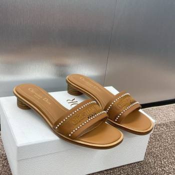 Dior Dway Heeled Slides Sandal 3cm in Calfskin and Embroidered Cotton with Pearls Brown 2025 (JC-250220076)