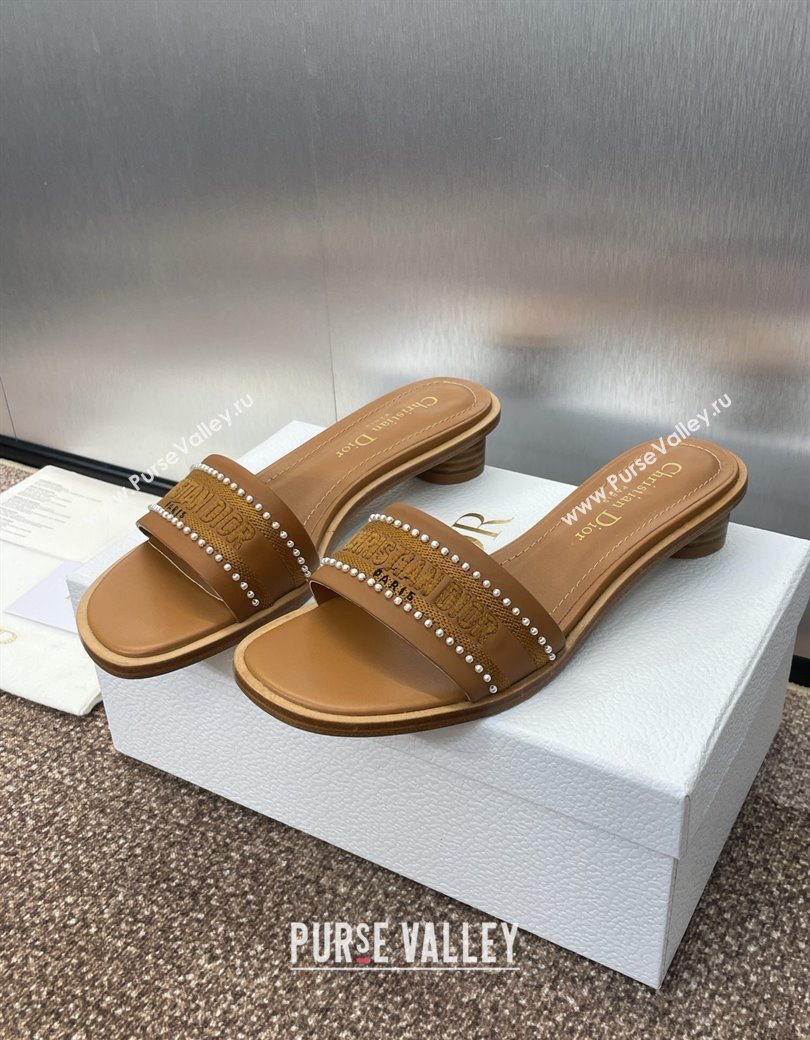 Dior Dway Heeled Slides Sandal 3cm in Calfskin and Embroidered Cotton with Pearls Brown 2025 (JC-250220076)