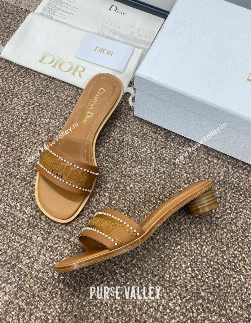 Dior Dway Heeled Slides Sandal 3cm in Calfskin and Embroidered Cotton with Pearls Brown 2025 (JC-250220076)