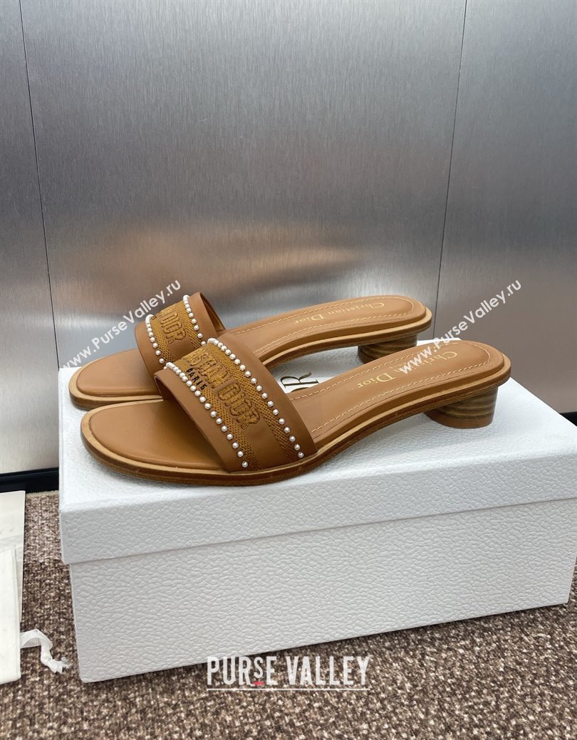 Dior Dway Heeled Slides Sandal 3cm in Calfskin and Embroidered Cotton with Pearls Brown 2025 (JC-250220076)
