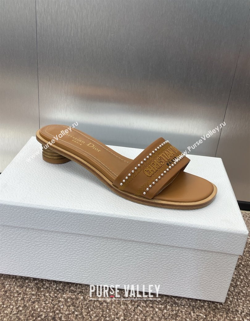 Dior Dway Heeled Slides Sandal 3cm in Calfskin and Embroidered Cotton with Pearls Brown 2025 (JC-250220076)