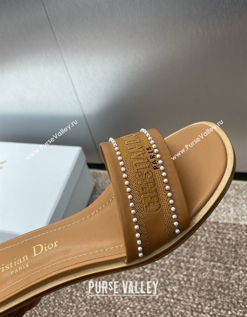 Dior Dway Heeled Slides Sandal 3cm in Calfskin and Embroidered Cotton with Pearls Brown 2025 (JC-250220076)