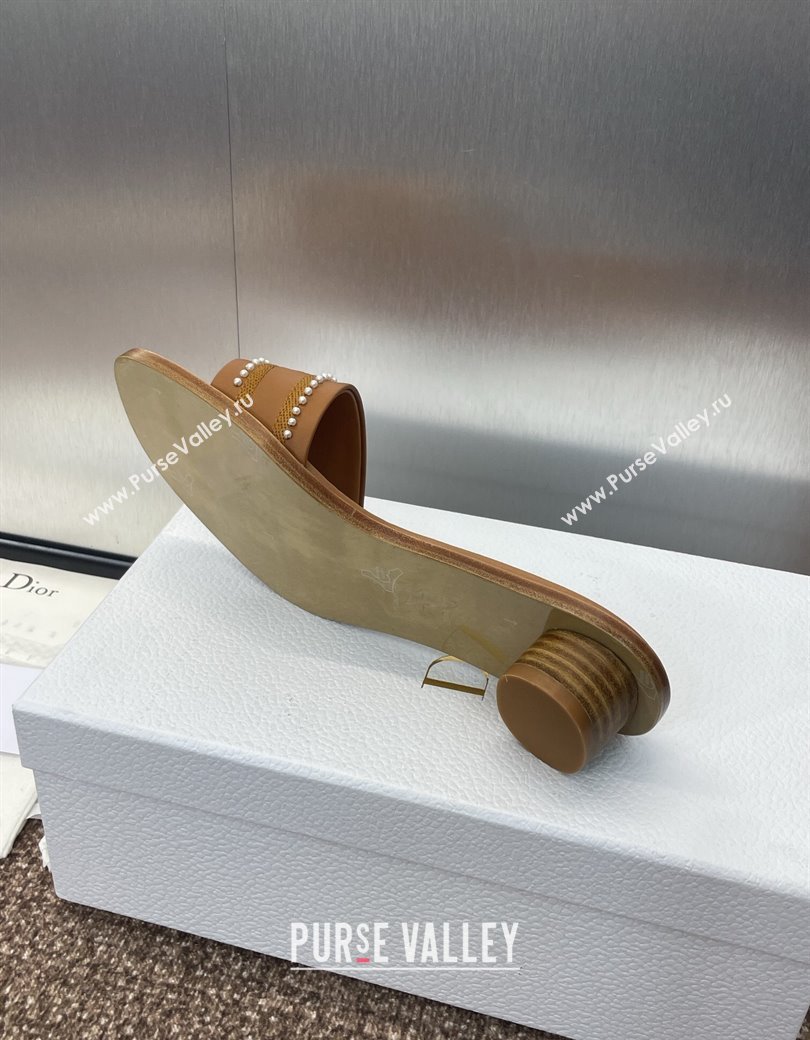 Dior Dway Heeled Slides Sandal 3cm in Calfskin and Embroidered Cotton with Pearls Brown 2025 (JC-250220076)
