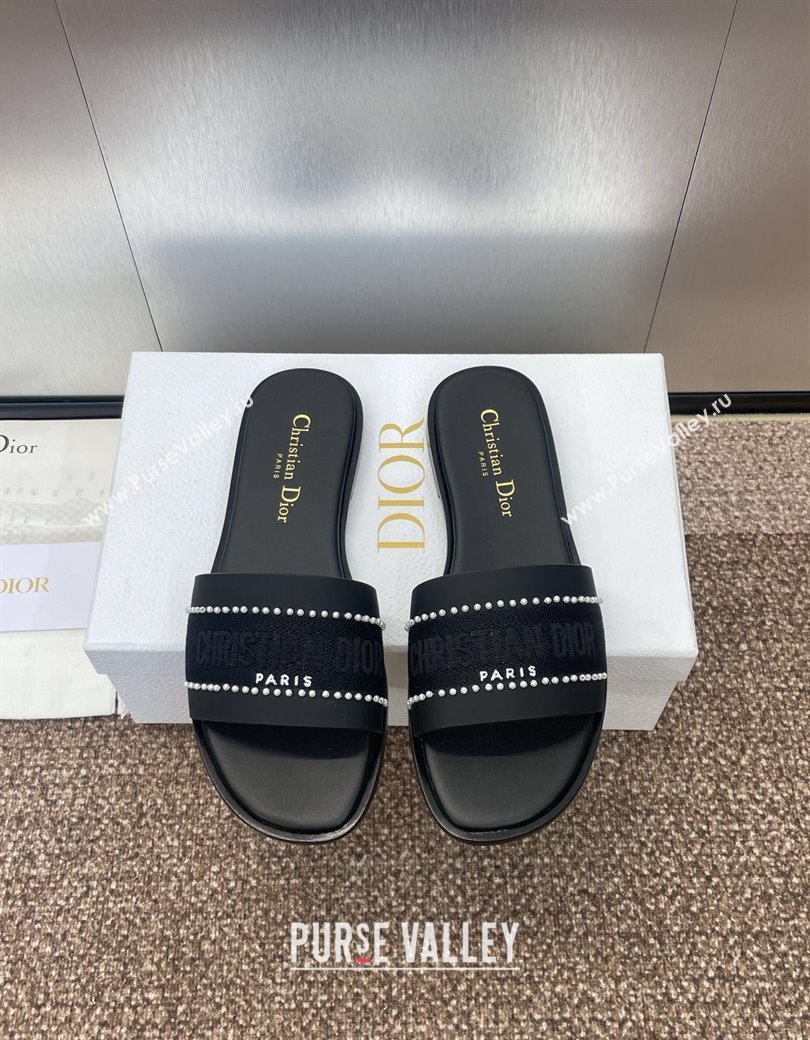Dior Dway Flat Slides Sandal in Calfskin and Embroidered Cotton with Pearls Black 2025 (JC-250220077)