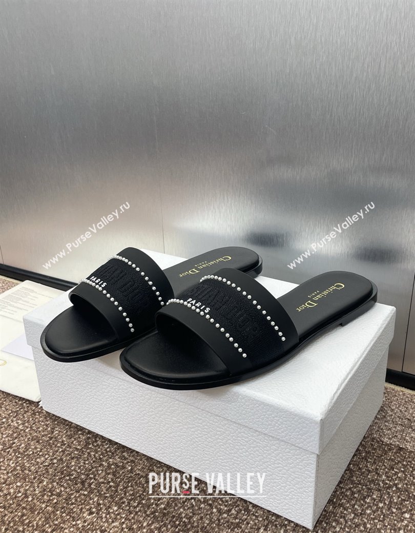 Dior Dway Flat Slides Sandal in Calfskin and Embroidered Cotton with Pearls Black 2025 (JC-250220077)