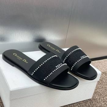 Dior Dway Flat Slides Sandal in Calfskin and Embroidered Cotton with Pearls Black 2025 (JC-250220077)