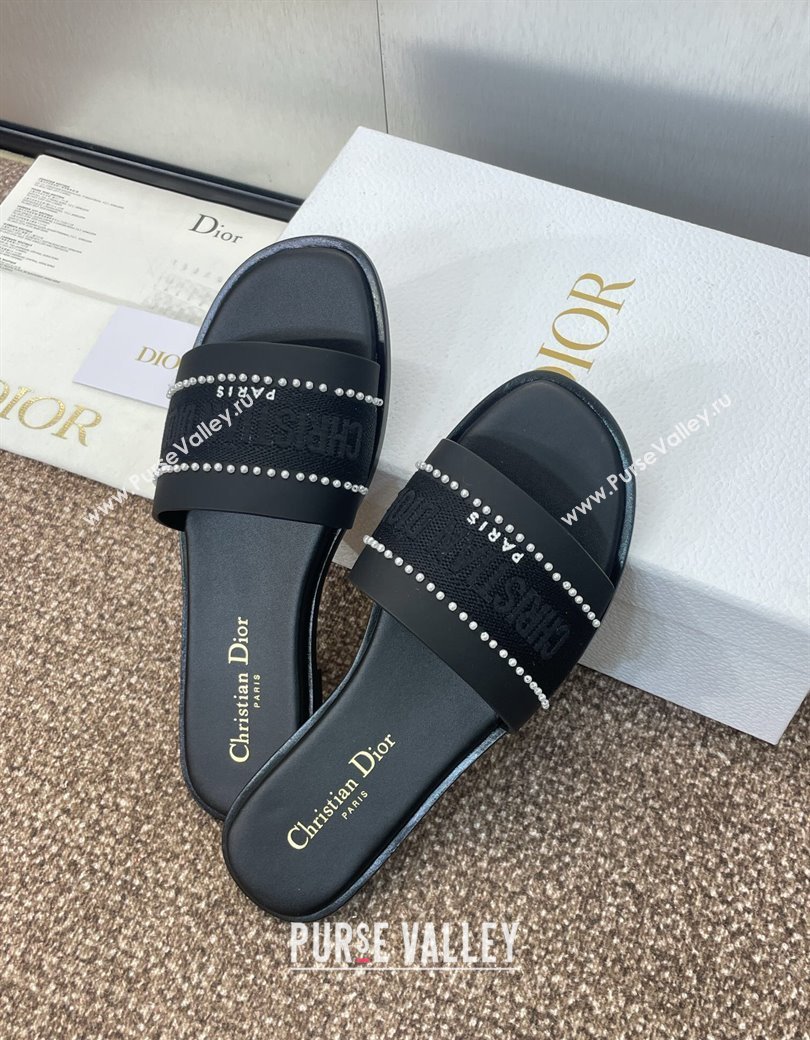 Dior Dway Flat Slides Sandal in Calfskin and Embroidered Cotton with Pearls Black 2025 (JC-250220077)