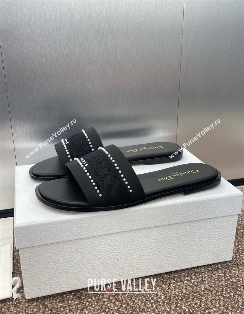 Dior Dway Flat Slides Sandal in Calfskin and Embroidered Cotton with Pearls Black 2025 (JC-250220077)