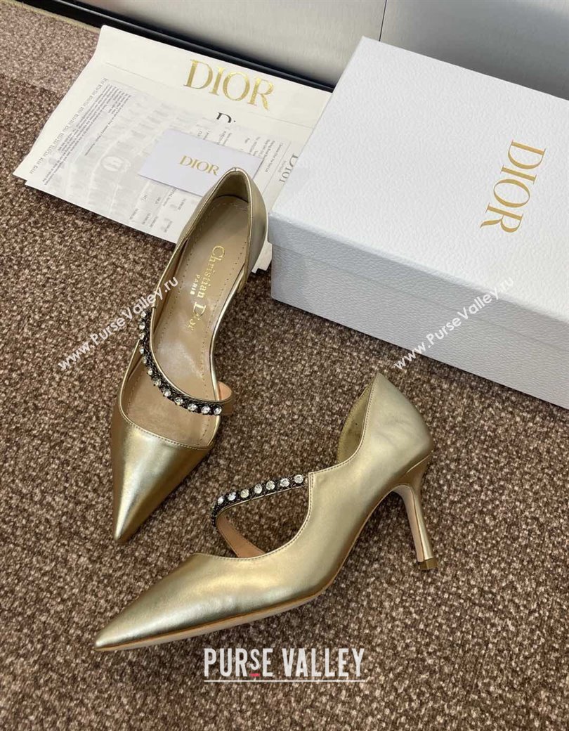 Dior Metallic Leather Pumps 7cm with Strass Strap Gold 2025 0220 (JC-250220051)