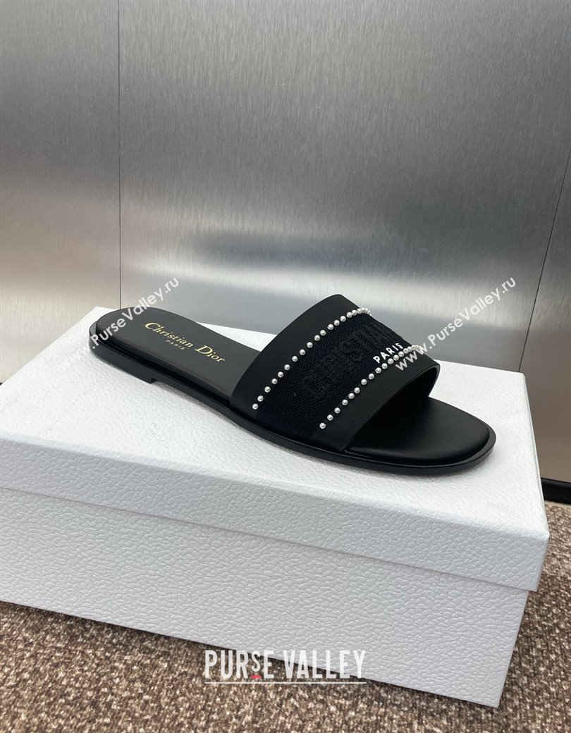 Dior Dway Flat Slides Sandal in Calfskin and Embroidered Cotton with Pearls Black 2025 (JC-250220077)