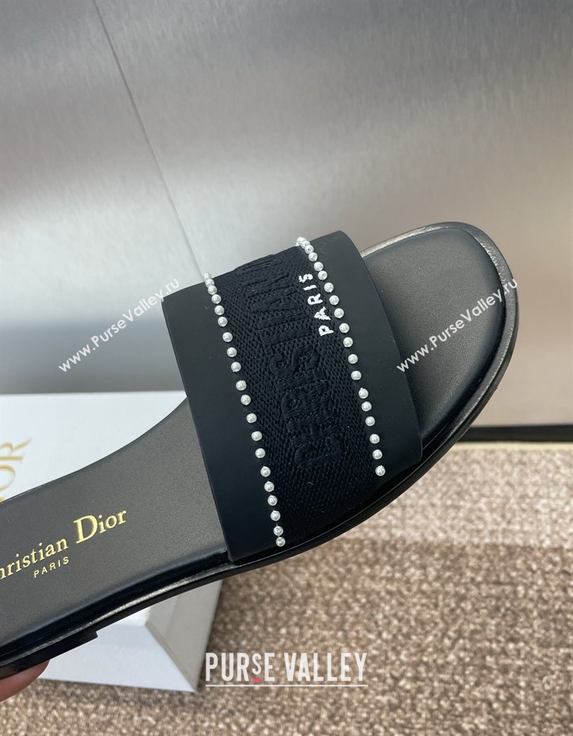 Dior Dway Flat Slides Sandal in Calfskin and Embroidered Cotton with Pearls Black 2025 (JC-250220077)