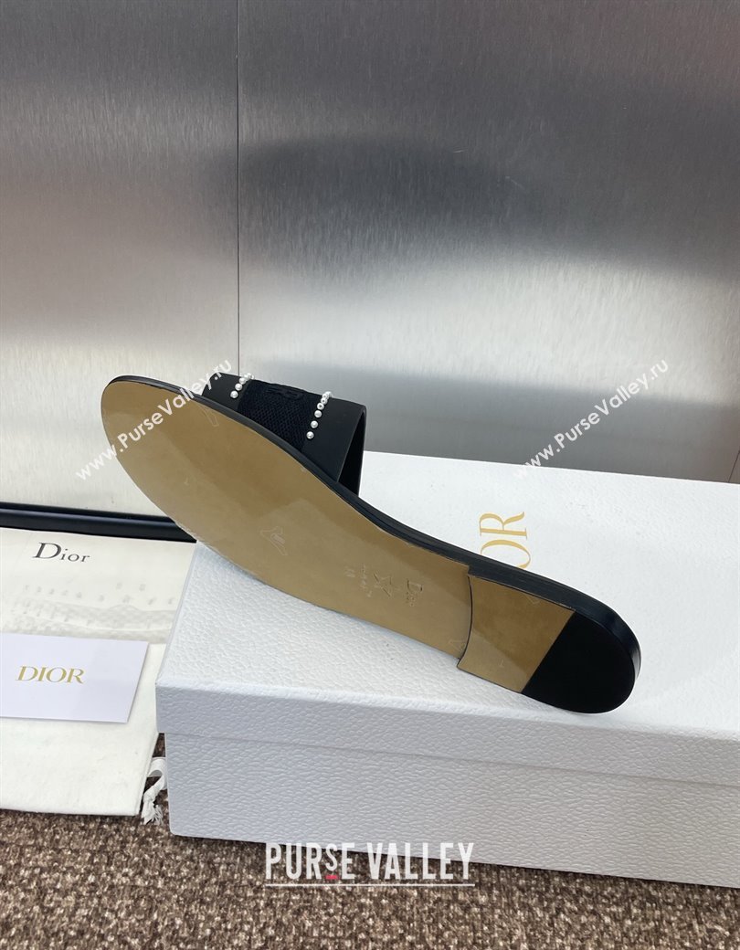 Dior Dway Flat Slides Sandal in Calfskin and Embroidered Cotton with Pearls Black 2025 (JC-250220077)