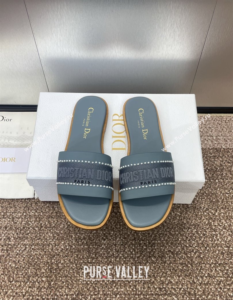 Dior Dway Flat Slides Sandal in Calfskin and Embroidered Cotton with Pearls Blue 2025 (JC-250220078)