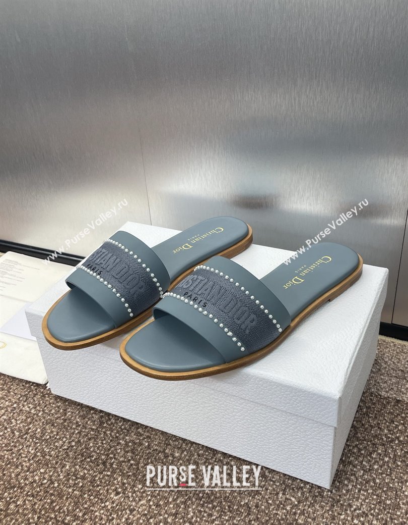 Dior Dway Flat Slides Sandal in Calfskin and Embroidered Cotton with Pearls Blue 2025 (JC-250220078)