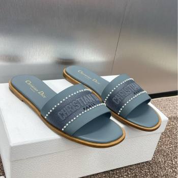 Dior Dway Flat Slides Sandal in Calfskin and Embroidered Cotton with Pearls Blue 2025 (JC-250220078)