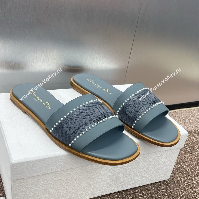 Dior Dway Flat Slides Sandal in Calfskin and Embroidered Cotton with Pearls Blue 2025 (JC-250220078)