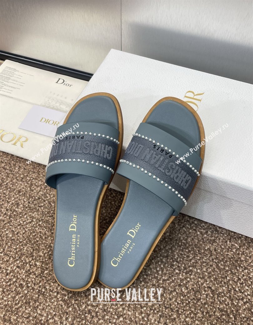Dior Dway Flat Slides Sandal in Calfskin and Embroidered Cotton with Pearls Blue 2025 (JC-250220078)
