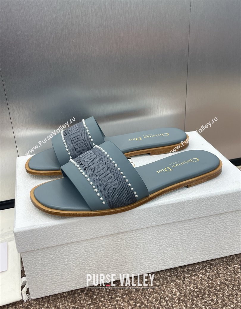 Dior Dway Flat Slides Sandal in Calfskin and Embroidered Cotton with Pearls Blue 2025 (JC-250220078)