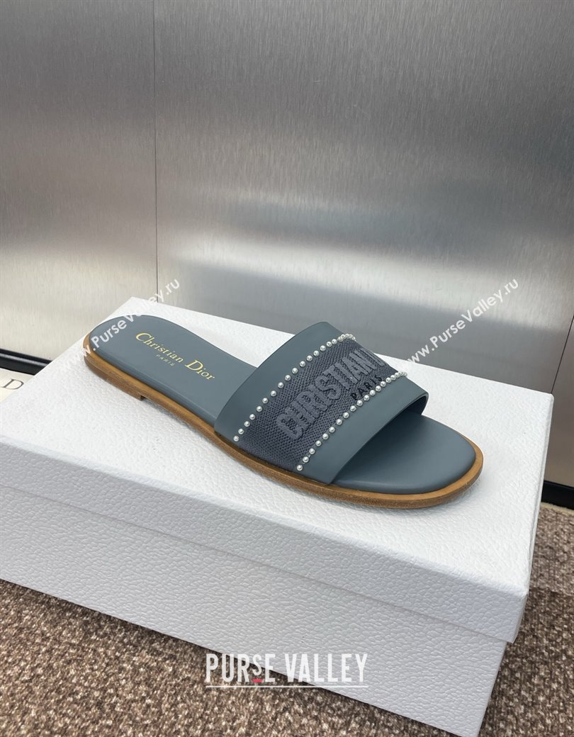 Dior Dway Flat Slides Sandal in Calfskin and Embroidered Cotton with Pearls Blue 2025 (JC-250220078)