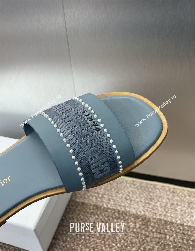 Dior Dway Flat Slides Sandal in Calfskin and Embroidered Cotton with Pearls Blue 2025 (JC-250220078)