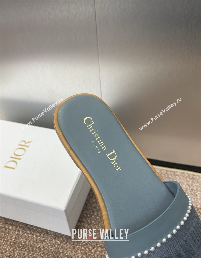 Dior Dway Flat Slides Sandal in Calfskin and Embroidered Cotton with Pearls Blue 2025 (JC-250220078)