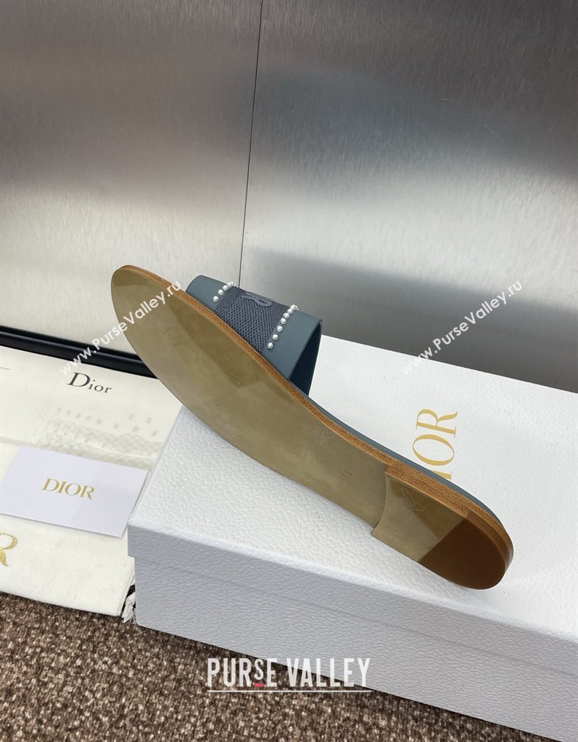 Dior Dway Flat Slides Sandal in Calfskin and Embroidered Cotton with Pearls Blue 2025 (JC-250220078)