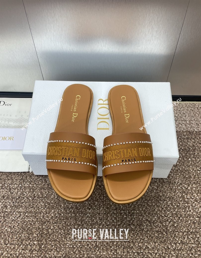 Dior Dway Flat Slides Sandal in Calfskin and Embroidered Cotton with Pearls Brown 2025 (JC-250220079)