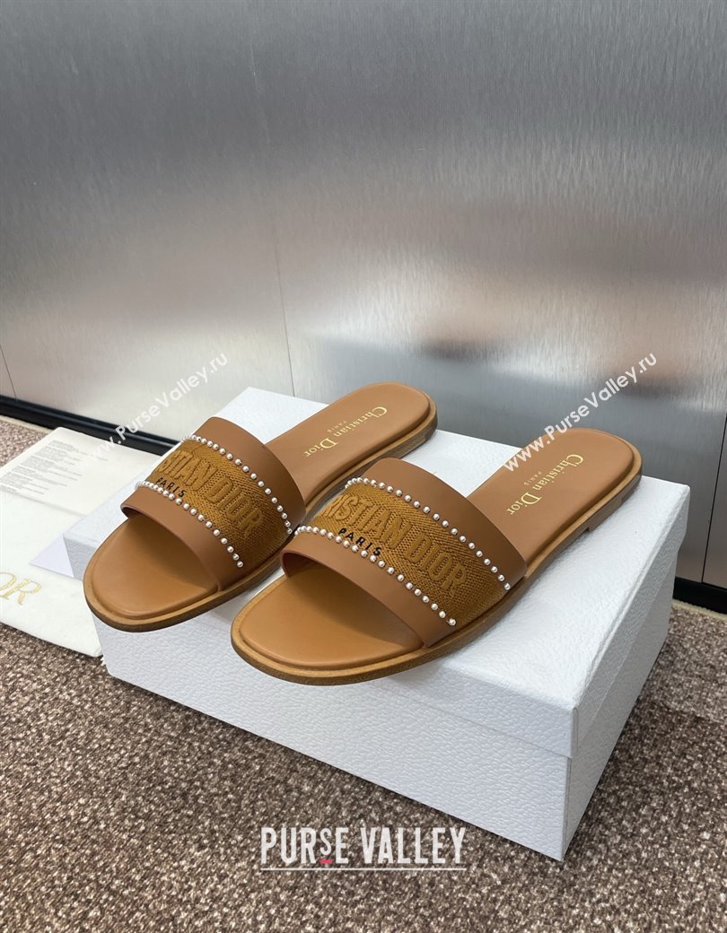 Dior Dway Flat Slides Sandal in Calfskin and Embroidered Cotton with Pearls Brown 2025 (JC-250220079)