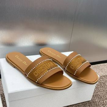 Dior Dway Flat Slides Sandal in Calfskin and Embroidered Cotton with Pearls Brown 2025 (JC-250220079)