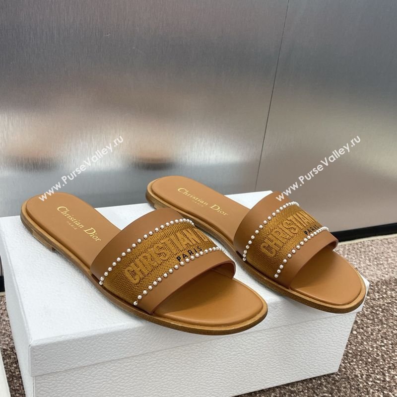 Dior Dway Flat Slides Sandal in Calfskin and Embroidered Cotton with Pearls Brown 2025 (JC-250220079)