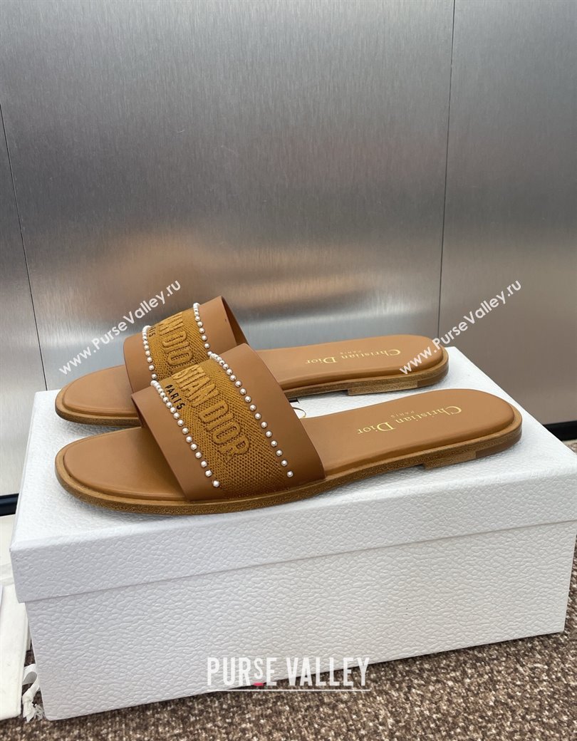 Dior Dway Flat Slides Sandal in Calfskin and Embroidered Cotton with Pearls Brown 2025 (JC-250220079)