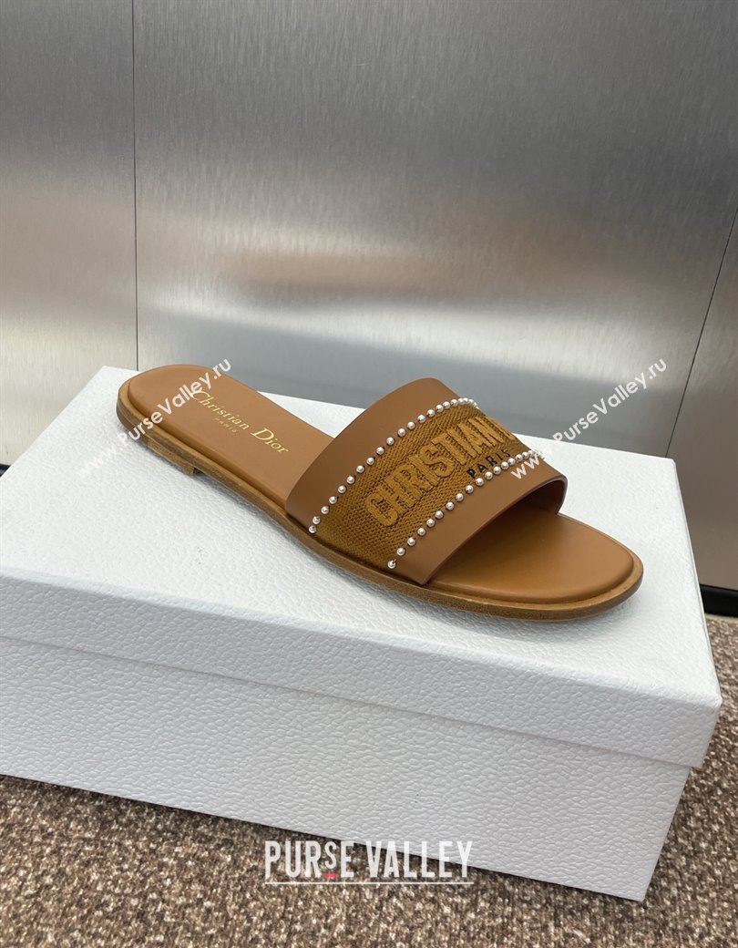 Dior Dway Flat Slides Sandal in Calfskin and Embroidered Cotton with Pearls Brown 2025 (JC-250220079)