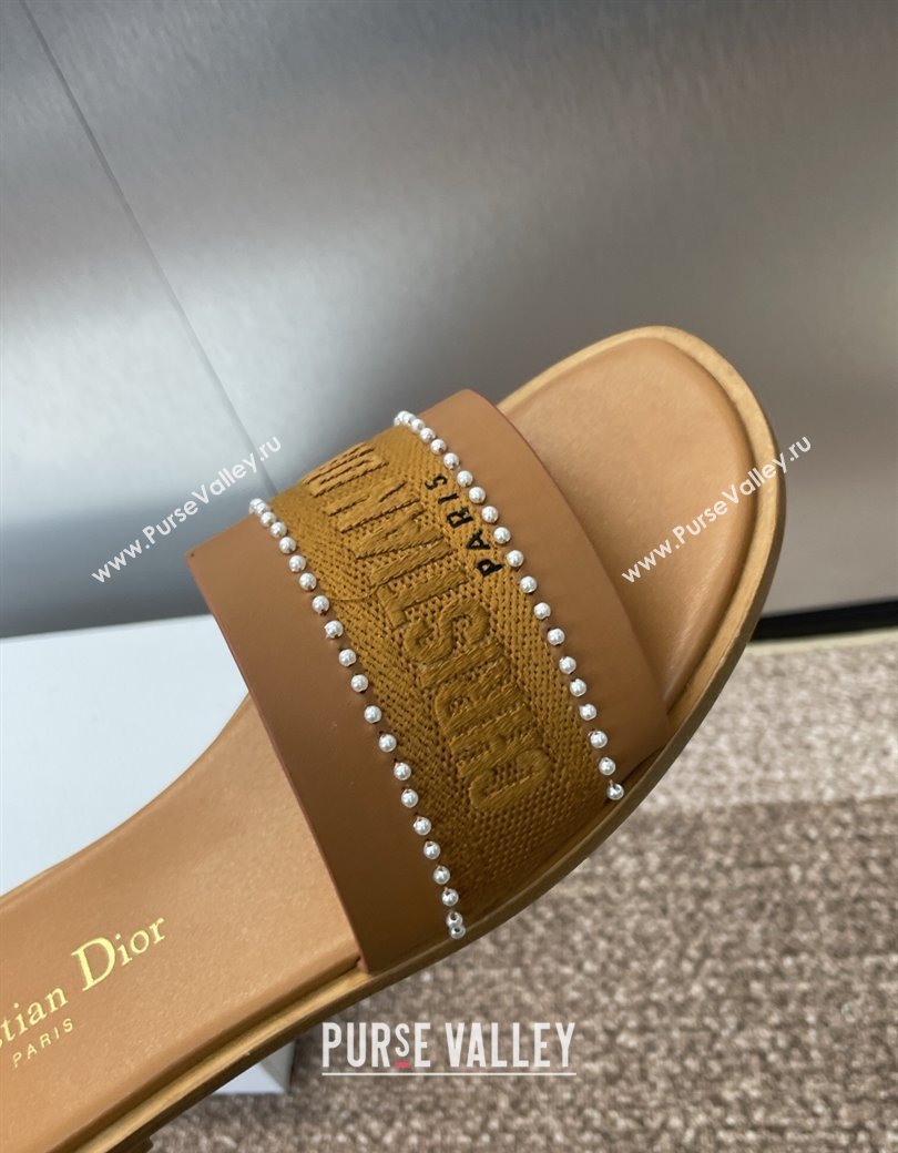 Dior Dway Flat Slides Sandal in Calfskin and Embroidered Cotton with Pearls Brown 2025 (JC-250220079)