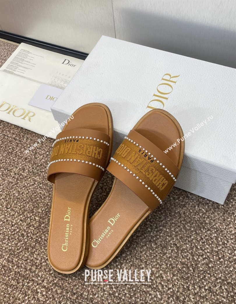 Dior Dway Flat Slides Sandal in Calfskin and Embroidered Cotton with Pearls Brown 2025 (JC-250220079)