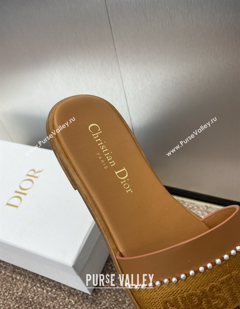 Dior Dway Flat Slides Sandal in Calfskin and Embroidered Cotton with Pearls Brown 2025 (JC-250220079)