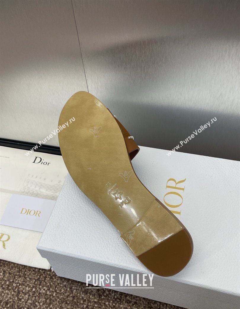 Dior Dway Flat Slides Sandal in Calfskin and Embroidered Cotton with Pearls Brown 2025 (JC-250220079)