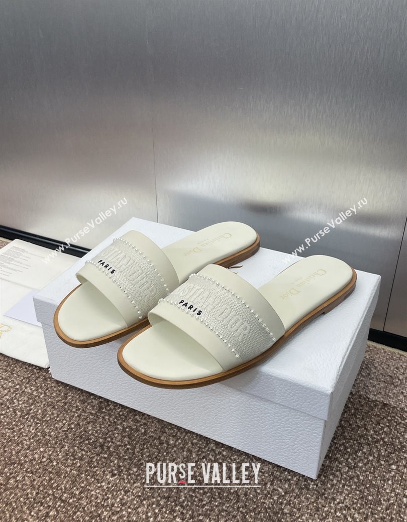 Dior Dway Flat Slides Sandal in Calfskin and Embroidered Cotton with Pearls White 2025 (JC-250220080)