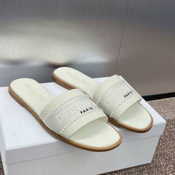 Dior Dway Flat Slides Sandal in Calfskin and Embroidered Cotton with Pearls White 2025 (JC-250220080)