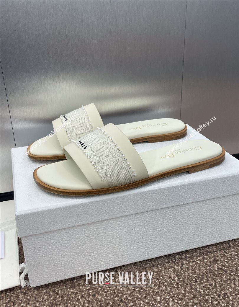 Dior Dway Flat Slides Sandal in Calfskin and Embroidered Cotton with Pearls White 2025 (JC-250220080)