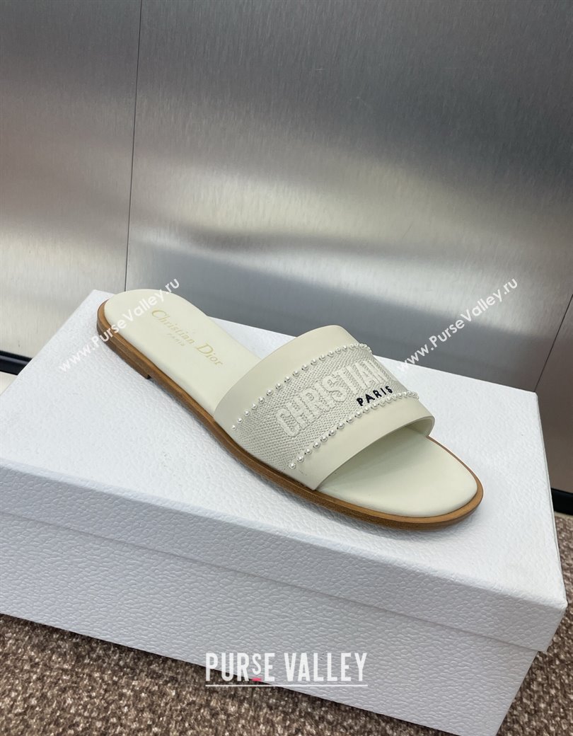 Dior Dway Flat Slides Sandal in Calfskin and Embroidered Cotton with Pearls White 2025 (JC-250220080)