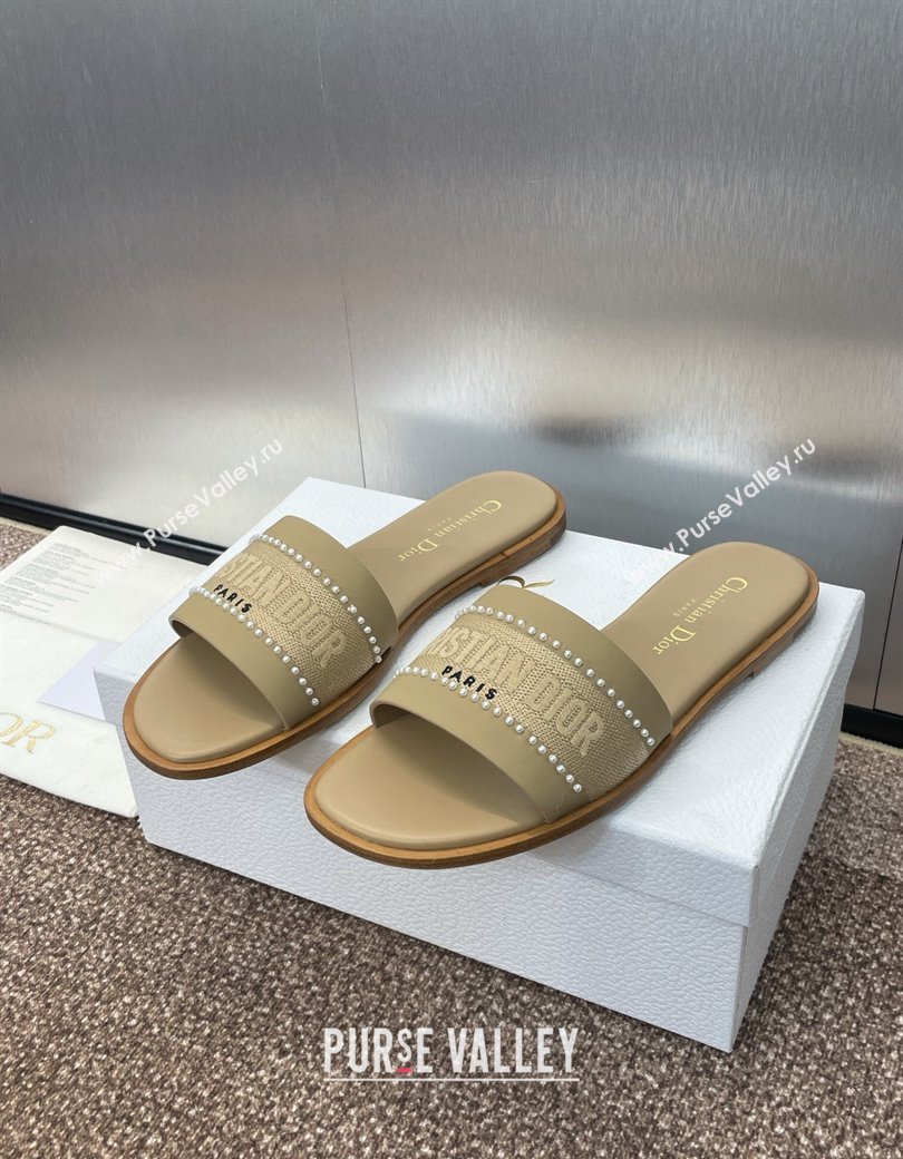 Dior Dway Flat Slides Sandal in Calfskin and Embroidered Cotton with Pearls Beige 2025 (JC-250220081)