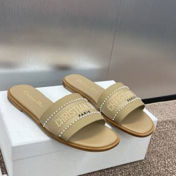 Dior Dway Flat Slides Sandal in Calfskin and Embroidered Cotton with Pearls Beige 2025 (JC-250220081)