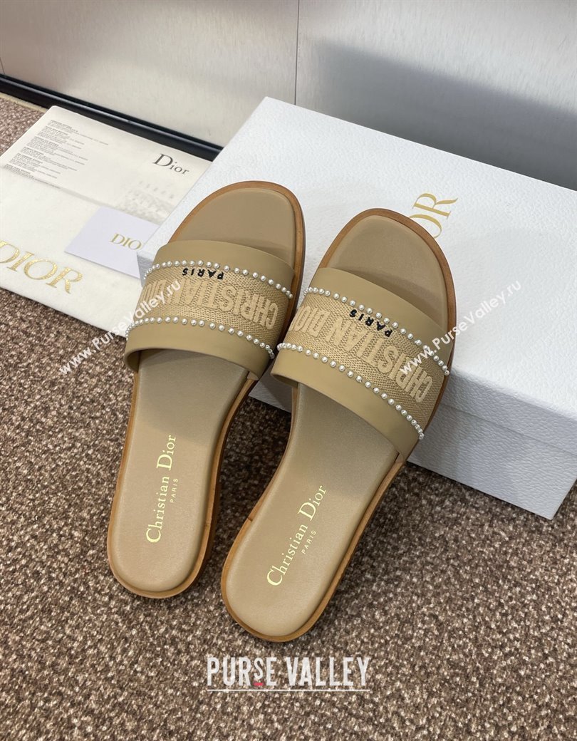 Dior Dway Flat Slides Sandal in Calfskin and Embroidered Cotton with Pearls Beige 2025 (JC-250220081)