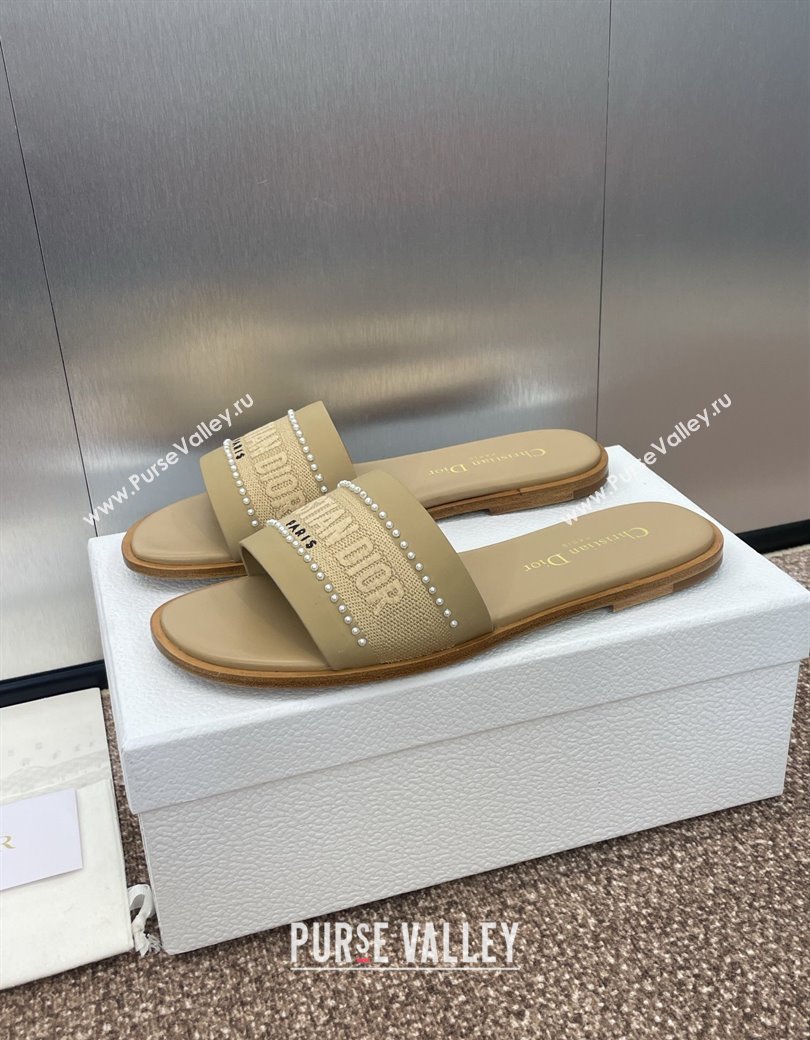 Dior Dway Flat Slides Sandal in Calfskin and Embroidered Cotton with Pearls Beige 2025 (JC-250220081)