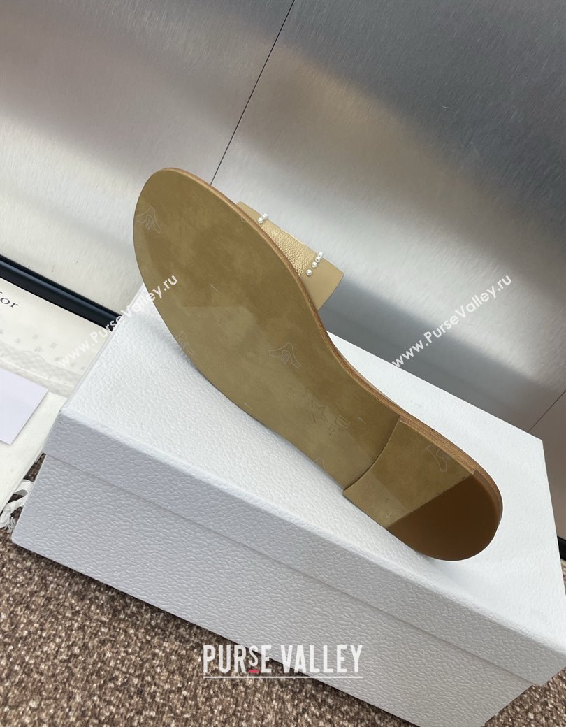 Dior Dway Flat Slides Sandal in Calfskin and Embroidered Cotton with Pearls Beige 2025 (JC-250220081)