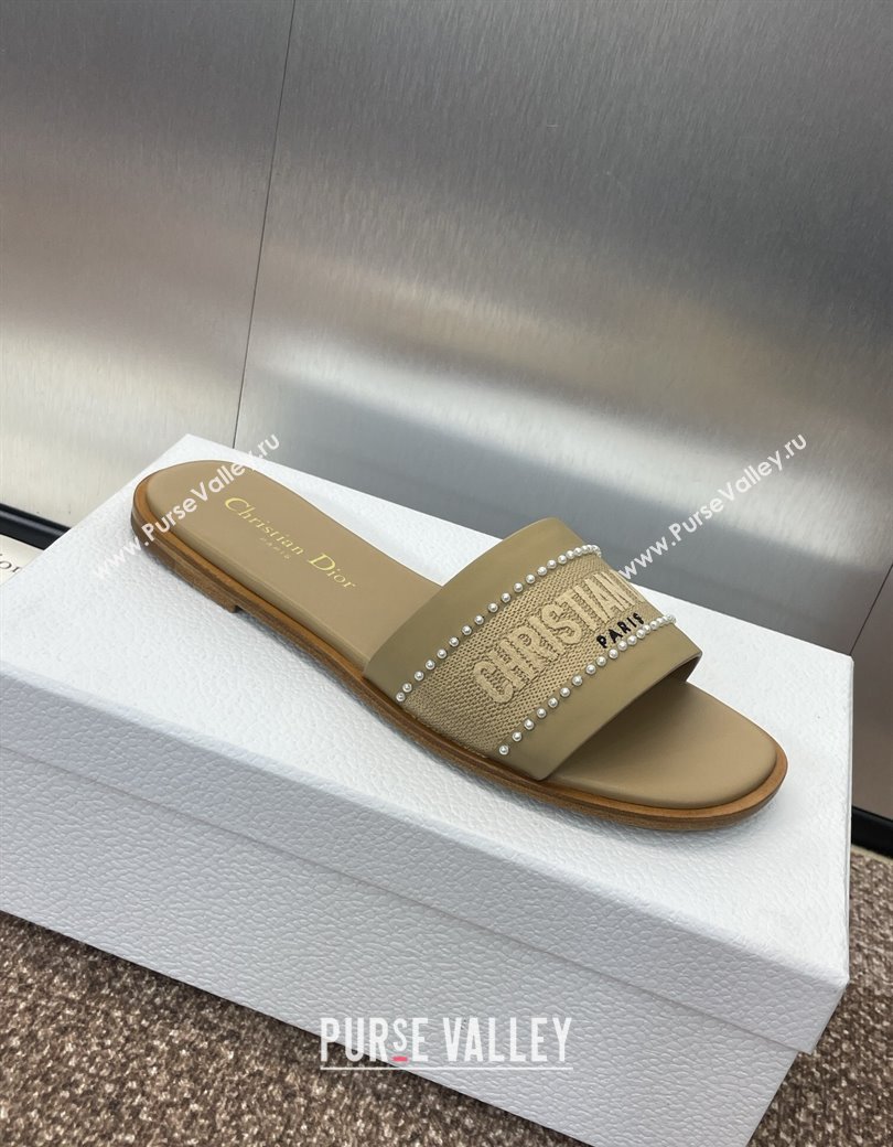 Dior Dway Flat Slides Sandal in Calfskin and Embroidered Cotton with Pearls Beige 2025 (JC-250220081)