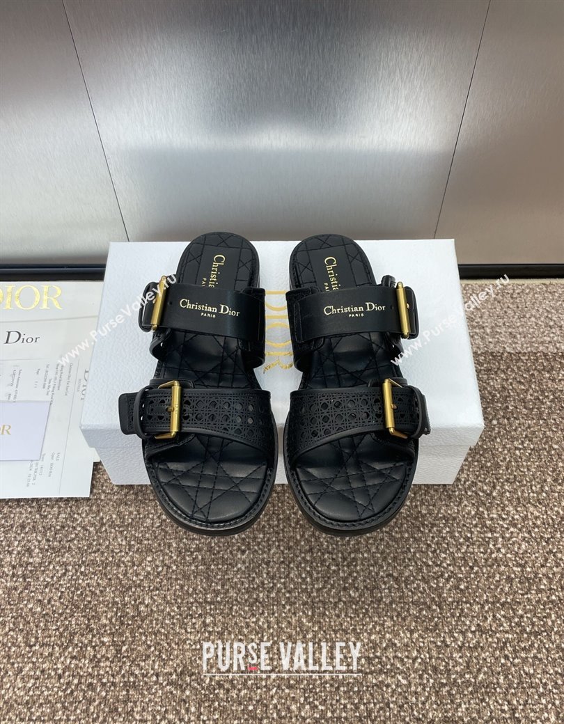 Dior D-Avenue Flat Buckle Slides Sandal in Calfskin with Openwork Microcannage Motif Black 2025 (KL-250220055)