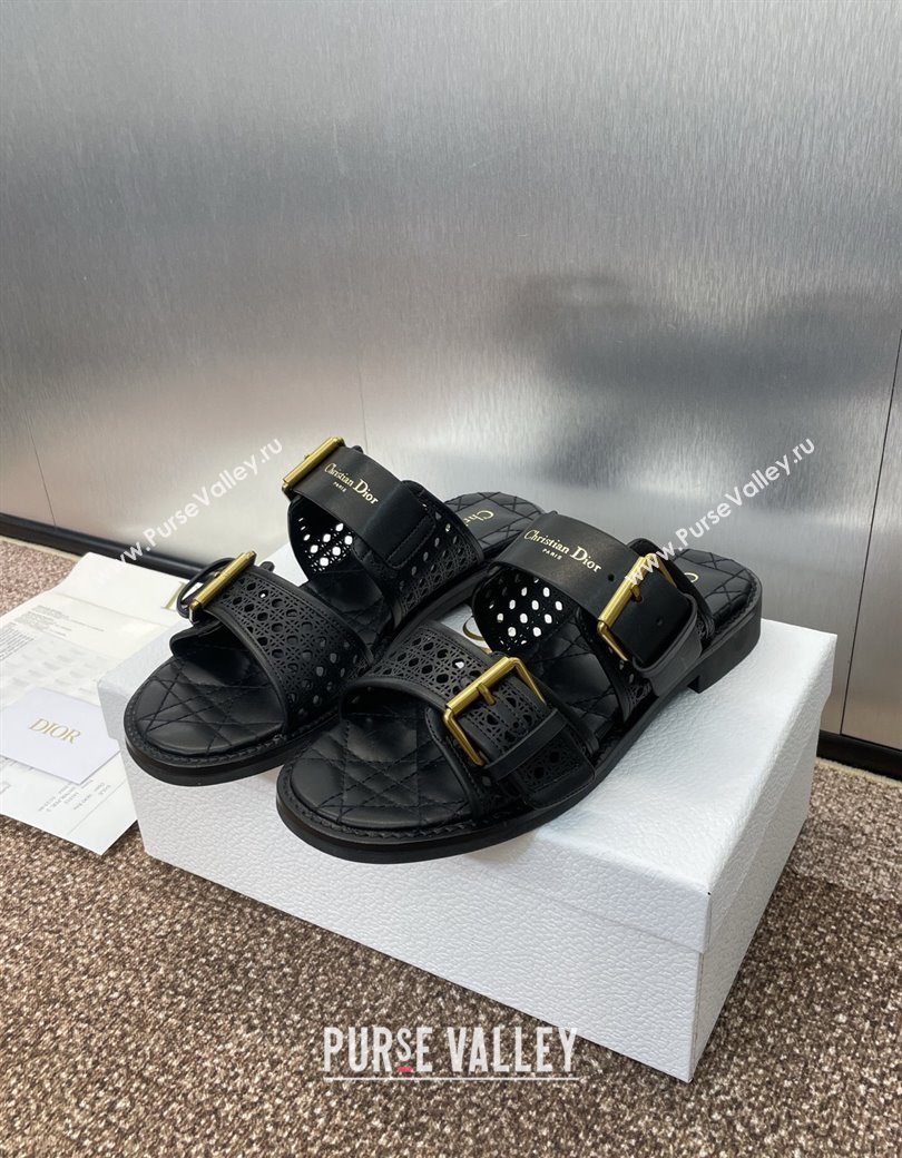 Dior D-Avenue Flat Buckle Slides Sandal in Calfskin with Openwork Microcannage Motif Black 2025 (KL-250220055)